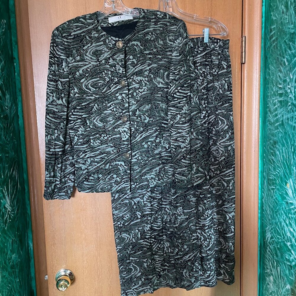 Devonshire Cream Green Swirl Golden Sparkle Pattern Blazer and Skirt AS-IS